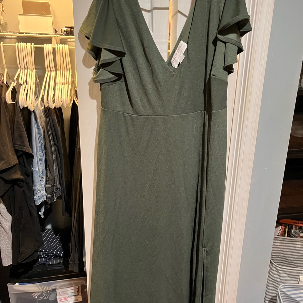 Birdy Grey Olive Green Ruffle Sleeve Dress